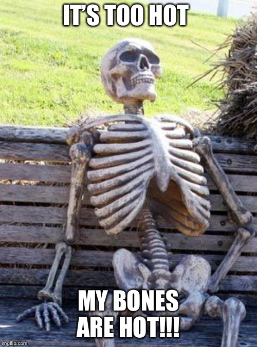 Waiting Skeleton Meme | IT’S TOO HOT; MY BONES ARE HOT!!! | image tagged in memes,waiting skeleton | made w/ Imgflip meme maker