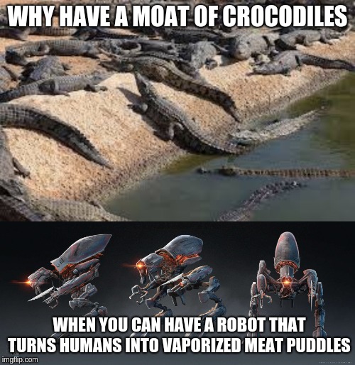WHY HAVE A MOAT OF CROCODILES; WHEN YOU CAN HAVE A ROBOT THAT TURNS HUMANS INTO VAPORIZED MEAT PUDDLES | image tagged in robots,crocodile,aliens | made w/ Imgflip meme maker
