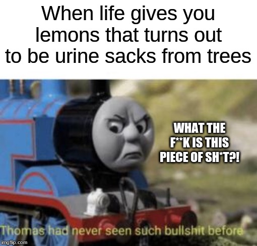 Thomas Sees Bullsh*t | When life gives you lemons that turns out to be urine sacks from trees; WHAT THE F**K IS THIS PIECE OF SH*T?! | image tagged in thomas sees bullsht | made w/ Imgflip meme maker
