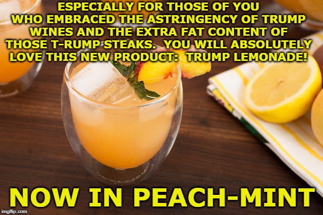 Trump Lemonade | ESPECIALLY FOR THOSE OF YOU WHO EMBRACED THE ASTRINGENCY OF TRUMP WINES AND THE EXTRA FAT CONTENT OF THOSE T-RUMP STEAKS.  YOU WILL ABSOLUTELY LOVE THIS NEW PRODUCT:  TRUMP LEMONADE! NOW IN PEACH-MINT | image tagged in donald trump,i could use a drink,impeach trump,trump impeachment,bad pun trump | made w/ Imgflip meme maker