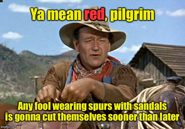 John wayne | Ya mean red, pilgrim Any fool wearing spurs with sandals is gonna cut themselves sooner than later red | image tagged in john wayne | made w/ Imgflip meme maker
