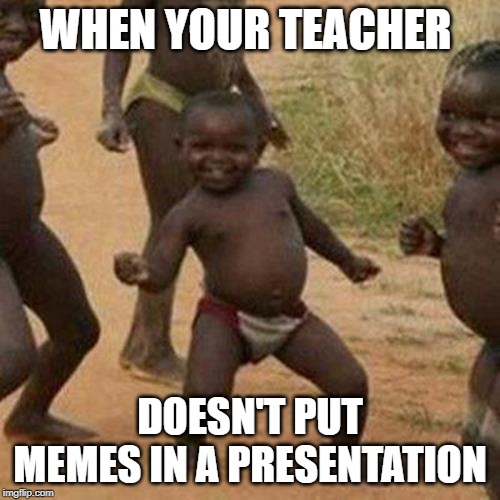 Third World Success Kid Meme | WHEN YOUR TEACHER; DOESN'T PUT MEMES IN A PRESENTATION | image tagged in memes,third world success kid | made w/ Imgflip meme maker