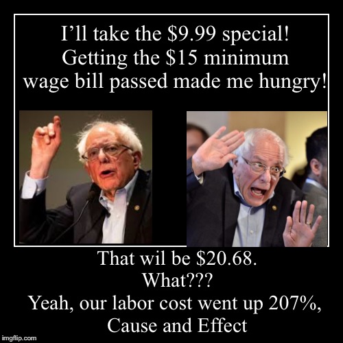 Minimum Wage Increase | image tagged in funny,demotivationals,minimum wage,bernie sanders,liberal logic,fast food | made w/ Imgflip demotivational maker