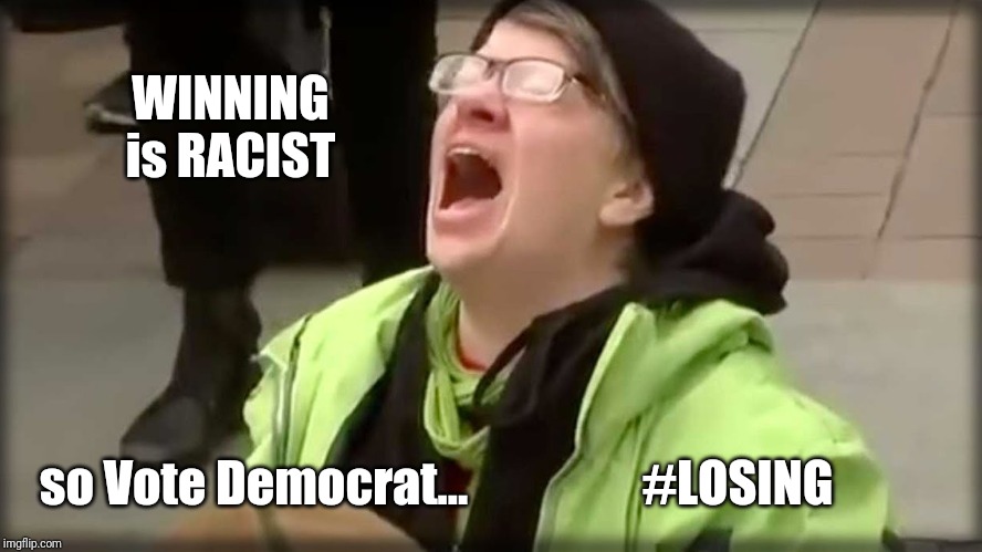 TRUMP 2020 | WINNING is RACIST; so Vote Democrat... #LOSING | image tagged in trump sjw no,trump 2020,crying democrats,sore loser,passive aggressive racism,the great awakening | made w/ Imgflip meme maker