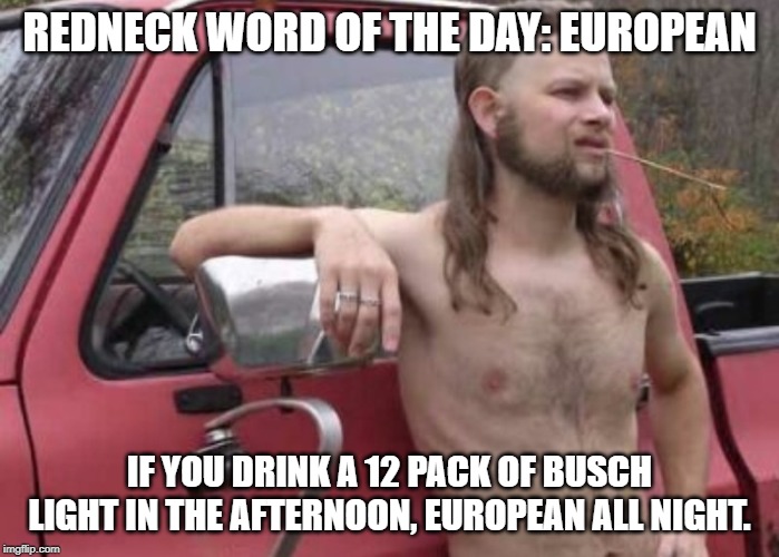 Redneck word of the day  | REDNECK WORD OF THE DAY: EUROPEAN; IF YOU DRINK A 12 PACK OF BUSCH LIGHT IN THE AFTERNOON, EUROPEAN ALL NIGHT. | image tagged in redneck word of the day | made w/ Imgflip meme maker