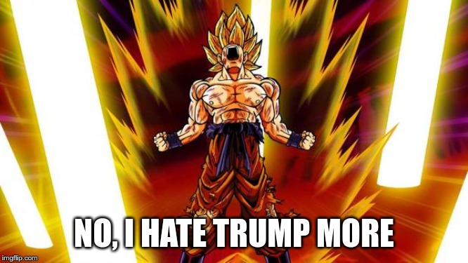 Super Saiyan | NO, I HATE TRUMP MORE | image tagged in super saiyan | made w/ Imgflip meme maker