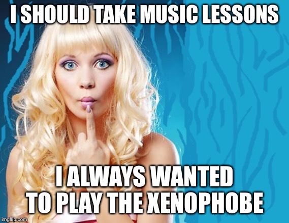 ditzy blonde | I SHOULD TAKE MUSIC LESSONS; I ALWAYS WANTED TO PLAY THE XENOPHOBE | image tagged in ditzy blonde | made w/ Imgflip meme maker
