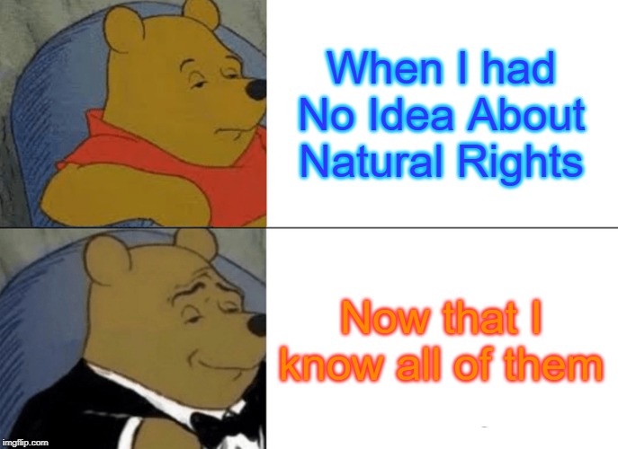 Tuxedo Winnie The Pooh Meme | When I had No Idea About Natural Rights; Now that I know all of them | image tagged in memes,tuxedo winnie the pooh | made w/ Imgflip meme maker