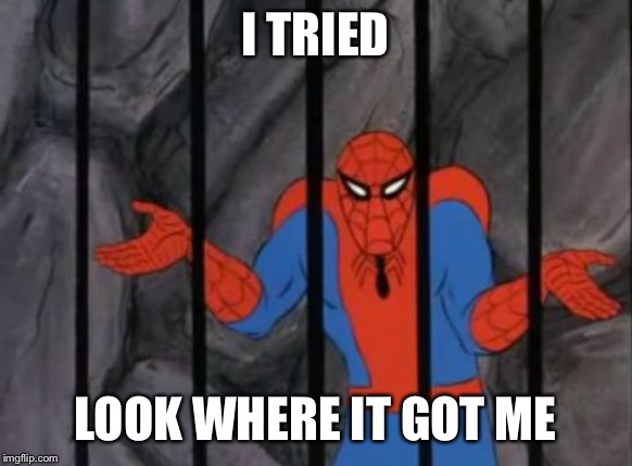 spiderman jail | I TRIED LOOK WHERE IT GOT ME | image tagged in spiderman jail | made w/ Imgflip meme maker