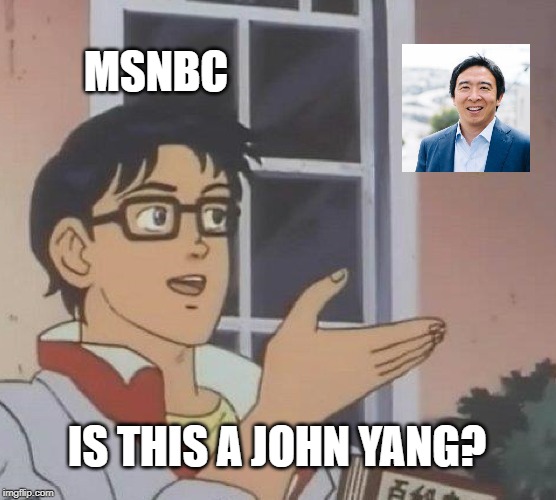 Is This A Pigeon Meme | MSNBC; IS THIS A JOHN YANG? | image tagged in memes,is this a pigeon | made w/ Imgflip meme maker