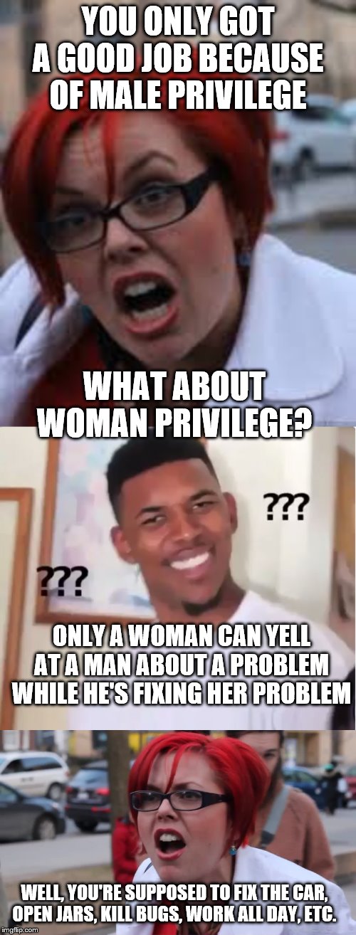 YOU ONLY GOT A GOOD JOB BECAUSE OF MALE PRIVILEGE; WHAT ABOUT WOMAN PRIVILEGE? ONLY A WOMAN CAN YELL AT A MAN ABOUT A PROBLEM WHILE HE'S FIXING HER PROBLEM; WELL, YOU'RE SUPPOSED TO FIX THE CAR, OPEN JARS, KILL BUGS, WORK ALL DAY, ETC. | image tagged in sjw triggered,confused nick young,sjw | made w/ Imgflip meme maker