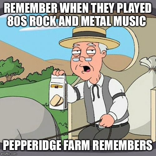 Pepperidge Farm Remembers Meme | REMEMBER WHEN THEY PLAYED 80S ROCK AND METAL MUSIC; PEPPERIDGE FARM REMEMBERS | image tagged in memes,pepperidge farm remembers | made w/ Imgflip meme maker