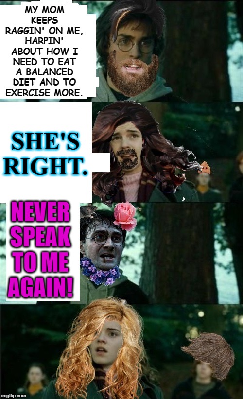 Messed Up (Harry Potter) | MY MOM KEEPS RAGGIN' ON ME, HARPIN' ABOUT HOW I NEED TO EAT A BALANCED DIET AND TO EXERCISE MORE. SHE'S RIGHT. NEVER SPEAK TO ME AGAIN! | image tagged in messed up harry potter | made w/ Imgflip meme maker
