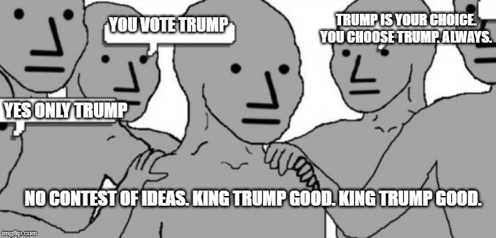 NPC Blank | YOU VOTE TRUMP YES ONLY TRUMP NO CONTEST OF IDEAS. KING TRUMP GOOD. KING TRUMP GOOD. TRUMP IS YOUR CHOICE. YOU CHOOSE TRUMP. ALWAYS. | image tagged in npc blank | made w/ Imgflip meme maker