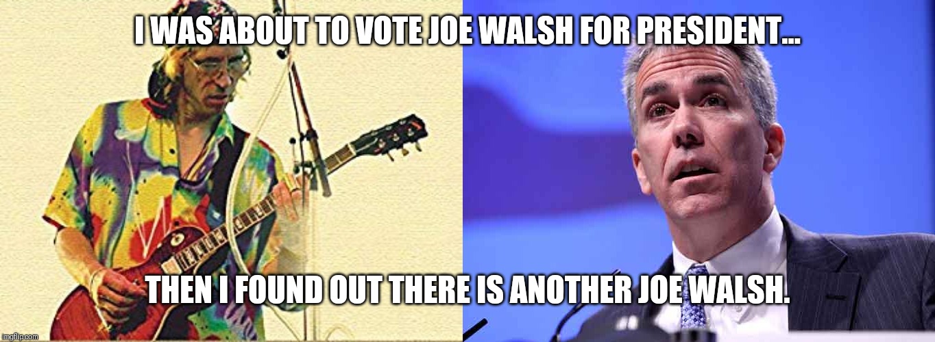 I WAS ABOUT TO VOTE JOE WALSH FOR PRESIDENT... THEN I FOUND OUT THERE IS ANOTHER JOE WALSH. | image tagged in joe walsh president | made w/ Imgflip meme maker