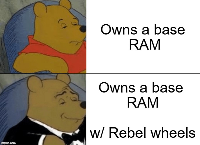 Tuxedo Winnie The Pooh | Owns a base
 RAM; Owns a base 
RAM
 
w/ Rebel wheels | image tagged in memes,tuxedo winnie the pooh | made w/ Imgflip meme maker