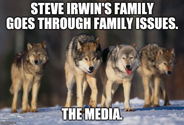 pack of wolves | STEVE IRWIN'S FAMILY GOES THROUGH FAMILY ISSUES. THE MEDIA. | image tagged in pack of wolves | made w/ Imgflip meme maker