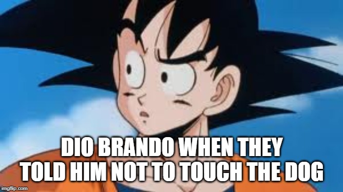 Confused Goku | DIO BRANDO WHEN THEY TOLD HIM NOT TO TOUCH THE DOG | image tagged in confused goku | made w/ Imgflip meme maker