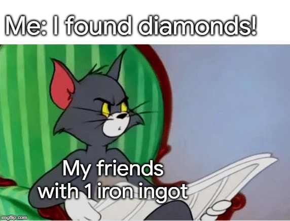 Tom reading newspaper | Me: I found diamonds! My friends with 1 iron ingot | image tagged in tom reading newspaper | made w/ Imgflip meme maker