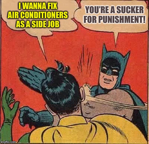Batman Slapping Robin Meme | I WANNA FIX AIR CONDITIONERS AS A SIDE JOB YOU’RE A SUCKER FOR PUNISHMENT! | image tagged in memes,batman slapping robin | made w/ Imgflip meme maker