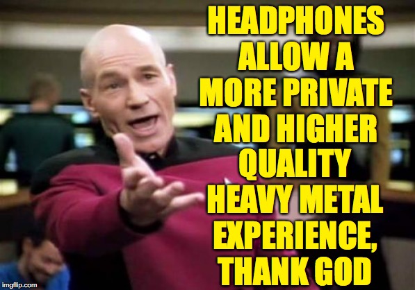 Picard Wtf Meme | HEADPHONES ALLOW A MORE PRIVATE AND HIGHER QUALITY HEAVY METAL EXPERIENCE, THANK GOD | image tagged in memes,picard wtf | made w/ Imgflip meme maker