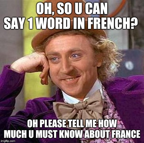 Creepy Condescending Wonka Meme | OH, SO U CAN SAY 1 WORD IN FRENCH? OH PLEASE TELL ME HOW MUCH U MUST KNOW ABOUT FRANCE | image tagged in memes,creepy condescending wonka | made w/ Imgflip meme maker