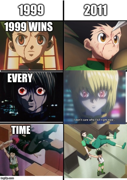 HXH 1999 >>> 2011 | 1999; 2011; 1999 WINS; EVERY; TIME | image tagged in comparison chart,hunter x hunter | made w/ Imgflip meme maker