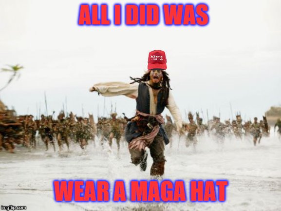 Jack Sparrow Being Chased | ALL I DID WAS; WEAR A MAGA HAT | image tagged in memes,jack sparrow being chased | made w/ Imgflip meme maker