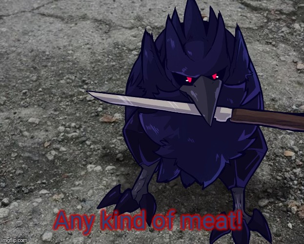 Corviknight with a knife | Any kind of meat! | image tagged in corviknight with a knife | made w/ Imgflip meme maker