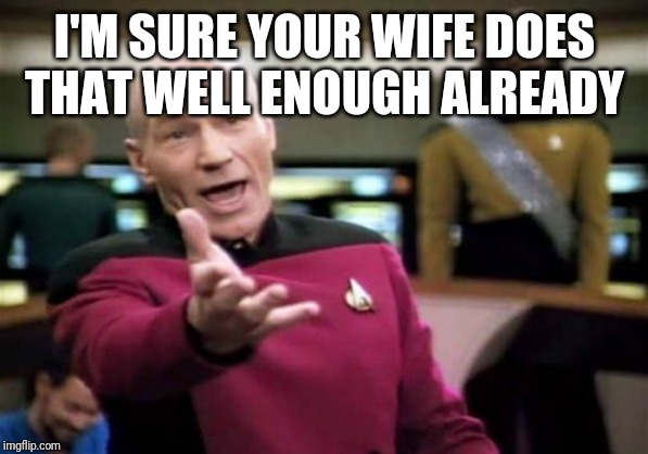 Picard Wtf Meme | I'M SURE YOUR WIFE DOES THAT WELL ENOUGH ALREADY | image tagged in memes,picard wtf | made w/ Imgflip meme maker