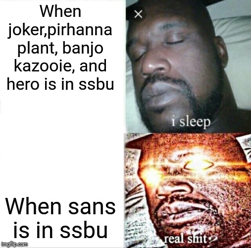 Sleeping Shaq Meme | When joker,pirhanna plant, banjo kazooie, and hero is in ssbu; When sans is in ssbu | image tagged in memes,sleeping shaq | made w/ Imgflip meme maker