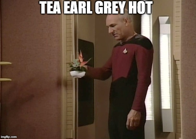 Tea | TEA EARL GREY HOT | image tagged in star trek the next generation,captain picard,tea,drink,star trek | made w/ Imgflip meme maker