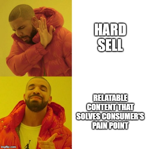 Drake Blank | HARD SELL; RELATABLE CONTENT THAT SOLVES CONSUMER'S PAIN POINT | image tagged in drake blank | made w/ Imgflip meme maker