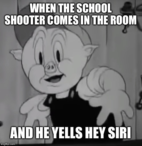 "OMG! I HAVE AN IPHONE!" | WHEN THE SCHOOL SHOOTER COMES IN THE ROOM; AND HE YELLS HEY SIRI | image tagged in school shooter,siri,oh no,porky pig,shocked face | made w/ Imgflip meme maker