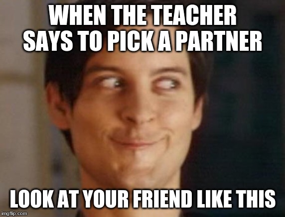 Spiderman Peter Parker Meme | WHEN THE TEACHER SAYS TO PICK A PARTNER; LOOK AT YOUR FRIEND LIKE THIS | image tagged in memes,spiderman peter parker | made w/ Imgflip meme maker