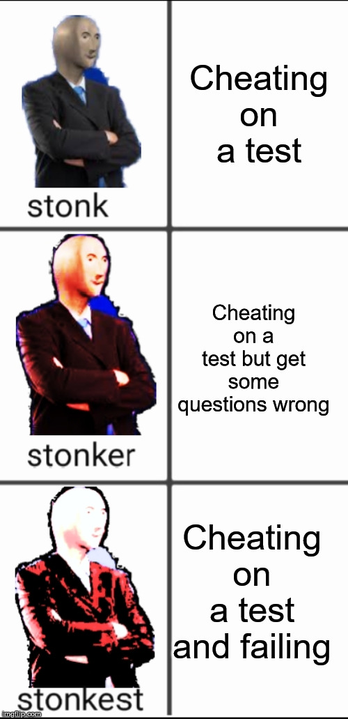 Stonk by level | Cheating on a test; Cheating on a test but get some questions wrong; Cheating on a test and failing | image tagged in stonk by level | made w/ Imgflip meme maker