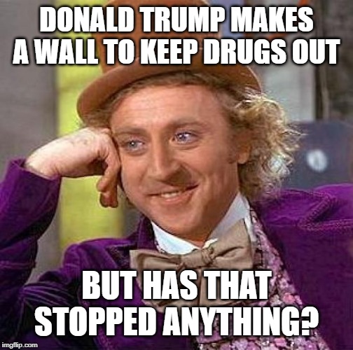 Creepy Condescending Wonka | DONALD TRUMP MAKES A WALL TO KEEP DRUGS OUT; BUT HAS THAT STOPPED ANYTHING? | image tagged in memes,creepy condescending wonka | made w/ Imgflip meme maker