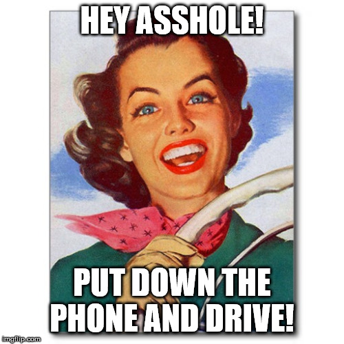 Vintage '50s woman driver | HEY ASSHOLE! PUT DOWN THE PHONE AND DRIVE! | image tagged in vintage '50s woman driver | made w/ Imgflip meme maker