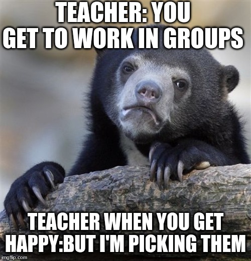 Confession Bear Meme | TEACHER: YOU GET TO WORK IN GROUPS; TEACHER WHEN YOU GET HAPPY:BUT I'M PICKING THEM | image tagged in memes,confession bear | made w/ Imgflip meme maker