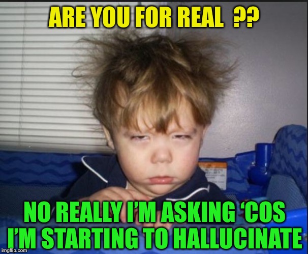 Tired child | ARE YOU FOR REAL  ?? NO REALLY I’M ASKING ‘COS I’M STARTING TO HALLUCINATE | image tagged in tired child | made w/ Imgflip meme maker