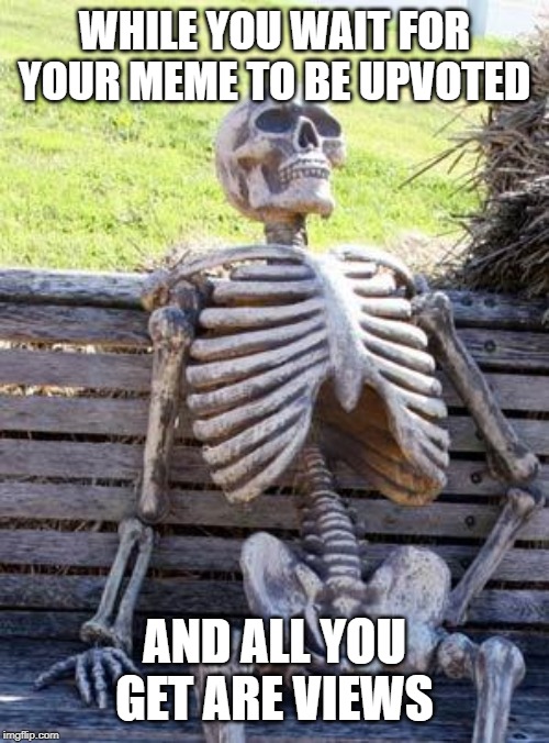 Waiting Skeleton | WHILE YOU WAIT FOR YOUR MEME TO BE UPVOTED; AND ALL YOU GET ARE VIEWS | image tagged in memes,waiting skeleton | made w/ Imgflip meme maker