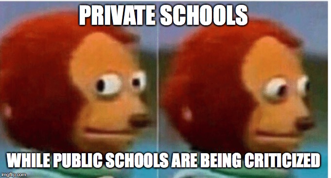 School system flawed | PRIVATE SCHOOLS; WHILE PUBLIC SCHOOLS ARE BEING CRITICIZED | image tagged in school | made w/ Imgflip meme maker