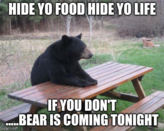 Bad Luck Bear | HIDE YO FOOD HIDE YO LIFE; IF YOU DON'T .....BEAR IS COMING TONIGHT | image tagged in memes,bad luck bear | made w/ Imgflip meme maker