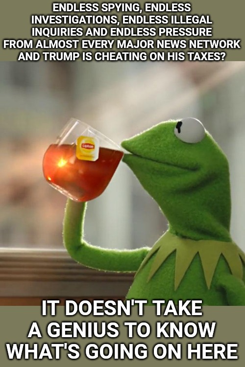 But That's None Of My Business | ENDLESS SPYING, ENDLESS INVESTIGATIONS, ENDLESS ILLEGAL INQUIRIES AND ENDLESS PRESSURE FROM ALMOST EVERY MAJOR NEWS NETWORK AND TRUMP IS CHEATING ON HIS TAXES? IT DOESN'T TAKE A GENIUS TO KNOW WHAT'S GOING ON HERE | image tagged in memes,but thats none of my business,kermit the frog | made w/ Imgflip meme maker