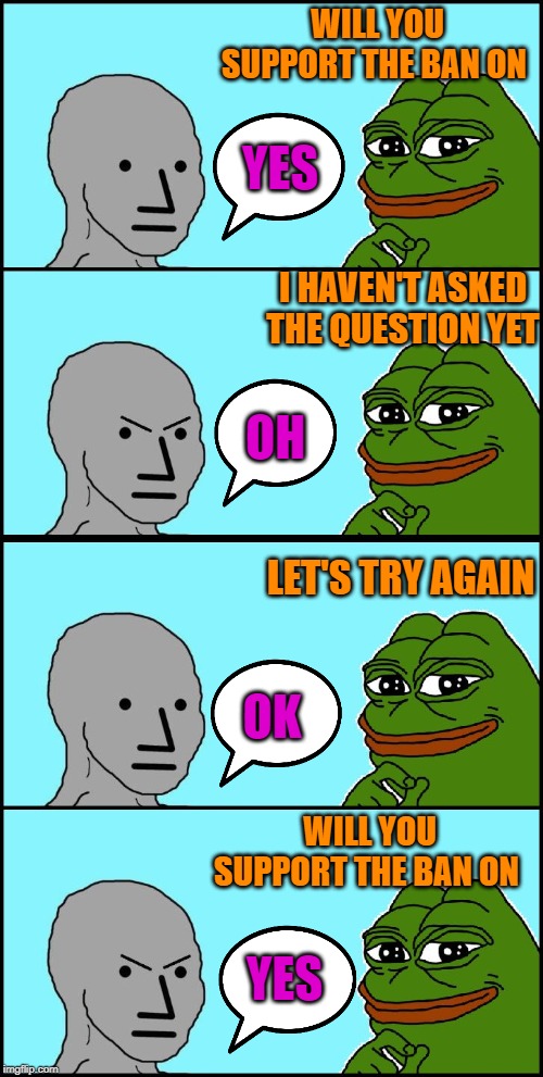 Whatever the left doesn't like, they want to ban. | WILL YOU SUPPORT THE BAN ON; YES; I HAVEN'T ASKED THE QUESTION YET; OH; LET'S TRY AGAIN; OK; WILL YOU SUPPORT THE BAN ON; YES | image tagged in pepe versus npc | made w/ Imgflip meme maker