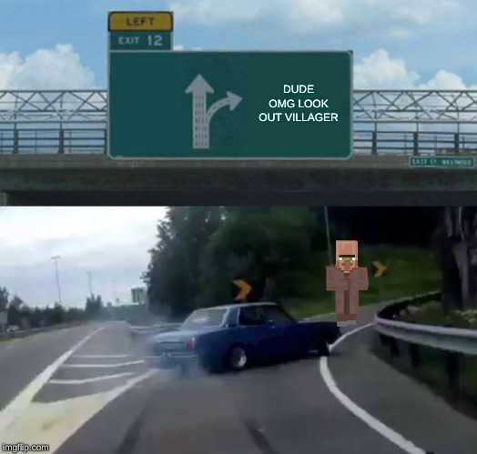 Left Exit 12 Off Ramp | DUDE OMG LOOK OUT VILLAGER | image tagged in memes,left exit 12 off ramp | made w/ Imgflip meme maker
