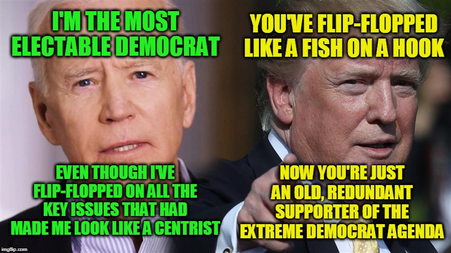 "Most Electable" How? | YOU'VE FLIP-FLOPPED LIKE A FISH ON A HOOK; I'M THE MOST ELECTABLE DEMOCRAT; EVEN THOUGH I'VE FLIP-FLOPPED ON ALL THE KEY ISSUES THAT HAD MADE ME LOOK LIKE A CENTRIST; NOW YOU'RE JUST AN OLD, REDUNDANT SUPPORTER OF THE EXTREME DEMOCRAT AGENDA | image tagged in joe biden,president trump,election 2020 | made w/ Imgflip meme maker