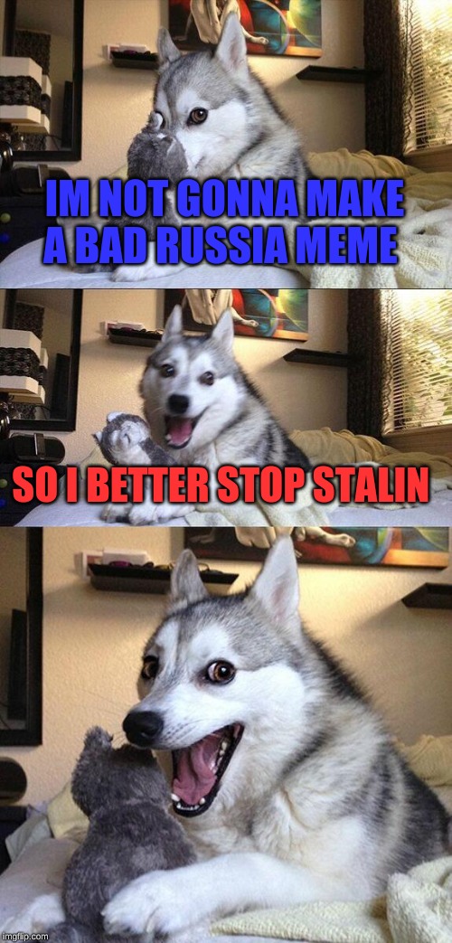 Bad Pun Dog Meme | IM NOT GONNA MAKE A BAD RUSSIA MEME; SO I BETTER STOP STALIN | image tagged in memes,bad pun dog | made w/ Imgflip meme maker
