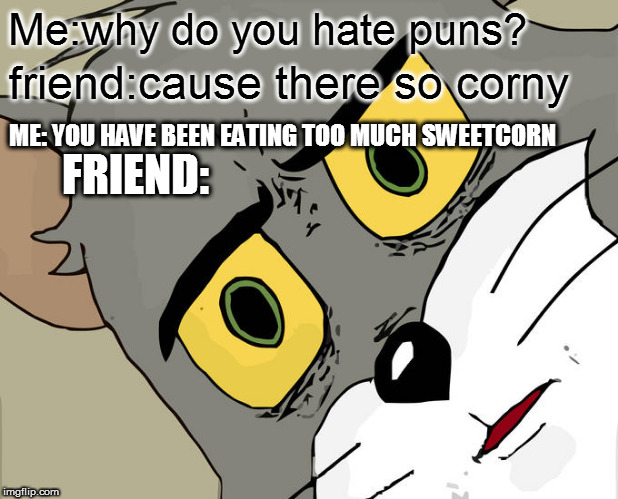 Hehehe...get it? | Me:why do you hate puns? friend:cause there so corny; ME: YOU HAVE BEEN EATING TOO MUCH SWEETCORN; FRIEND: | image tagged in memes,unsettled tom,puns | made w/ Imgflip meme maker