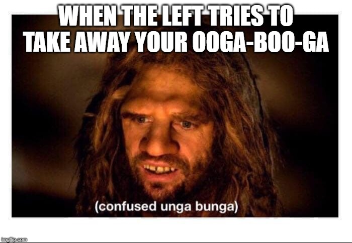 Confused Cave Man | WHEN THE LEFT TRIES TO TAKE AWAY YOUR OOGA-BOO-GA | image tagged in confused cave man | made w/ Imgflip meme maker